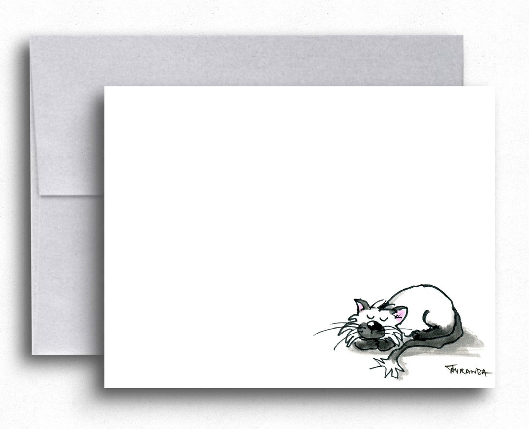 Cat Work Note Siamese Cat Note Cards, Funny Sleeping Cat Art - Etsy