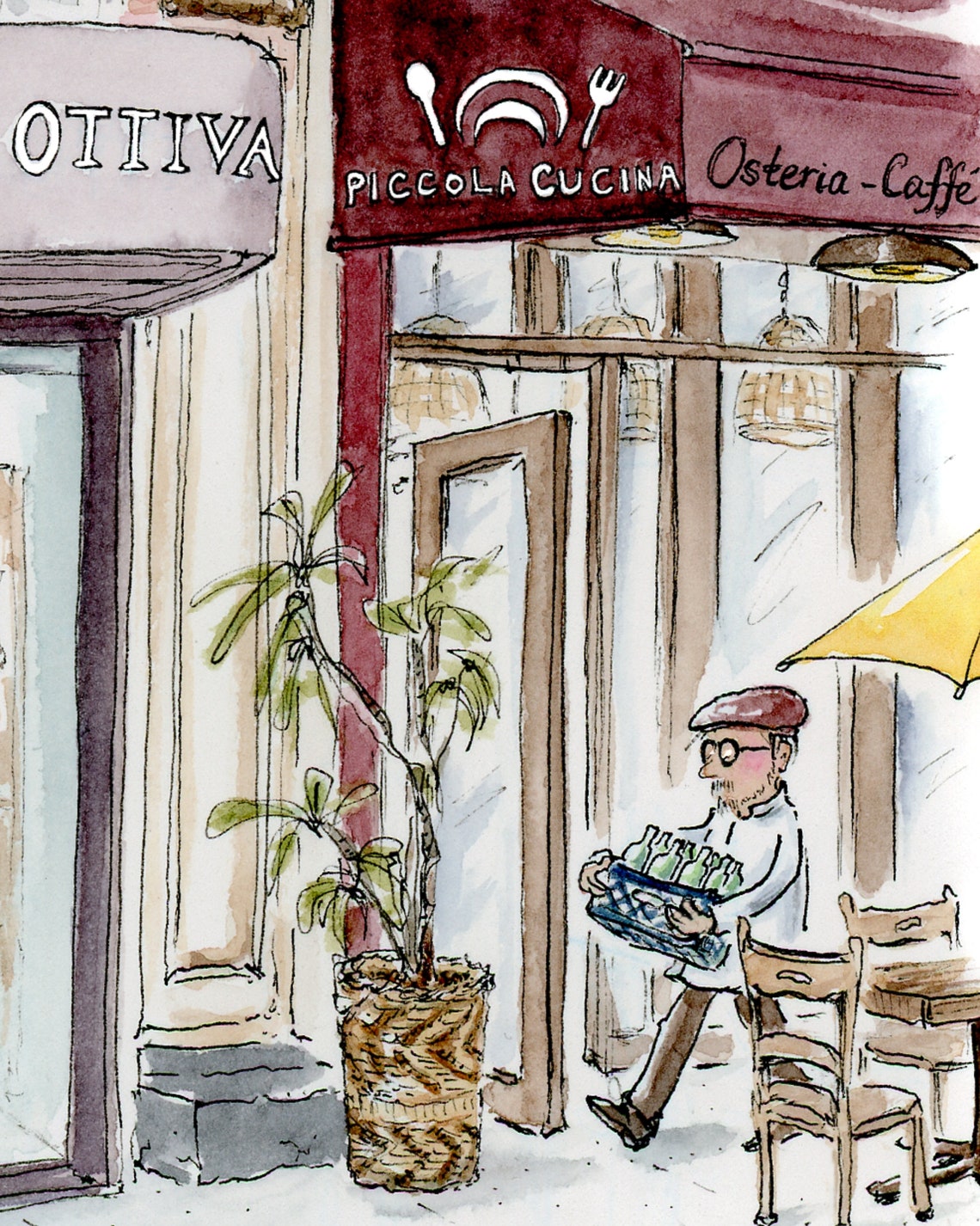 Piccola Cucina Soho Mini Print. Whimsical New York City Restaurant