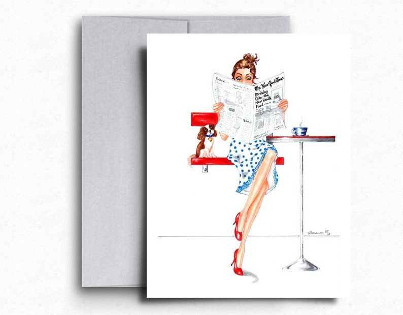 Stylish birthday greeting card of woman reading newspaper with Cavalier King Charles Spaniel looking on. Funny woman fashion cards for her. image 1