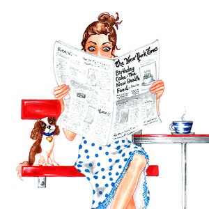 Stylish birthday greeting card of woman reading newspaper with Cavalier King Charles Spaniel looking on. Funny woman fashion cards for her. image 2