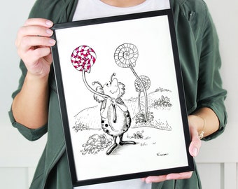 Imaginary ladybug illustration.  Pen and ink art print of cute ladybug holding giant pink lollipop. Adorable insect art. Whimsical creature.