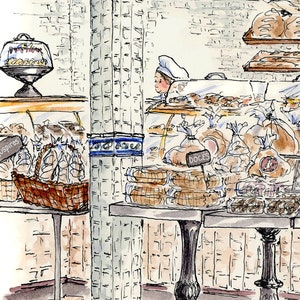 Arte alimentario de acuarela de panadería portuguesa Distrito Ironbound Ilustración urbana imagen 4