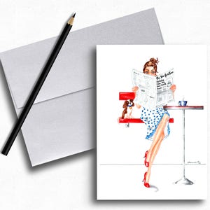 Stylish birthday greeting card of woman reading newspaper with Cavalier King Charles Spaniel looking on. Funny woman fashion cards for her. image 5