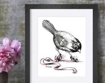 Pen and ink Chickadee print.  Whimsical songbird illustration. Funny backyard bird drawing.  Little bird wearing shoes. Gift for bird lover.