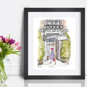 This vertically oriented print of my ink and watercolor illustration shows an architectural gem on the Upper West Side of New York City.  A solitary woman wearing a purple coat, bright pink beret, purse and shoes is see exiting the building.