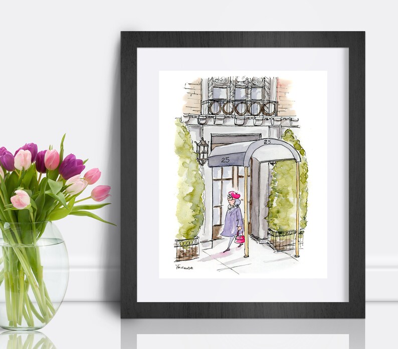 This vertically oriented print of my ink and watercolor illustration shows an architectural gem on the Upper West Side of New York City.  A solitary woman wearing a purple coat, bright pink beret, purse and shoes is see exiting the building.