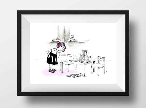 Little Girl Wall Decor Funny Cat Art Funny Wall Art Girls Room Decor Cartoon Illustration Girls Wall Art Cat Cartoon Childrens Art