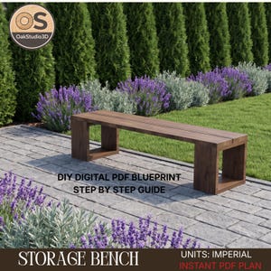 Puede incluir: Un banco de almacenamiento rectangular de madera con asiento plano y soportes laterales abiertos. La imagen incluye el texto DIY DIGITAL PDF BLUEPRINT, STEP BY STEP GUIDE, STORAGE BENCH, UNITS: IMPERIAL, INSTANT PDF PLAN y el logo OakStudio3D.