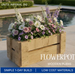 Könnte beinhalten: Ein rechteckiger Blumenkasten aus hellem Holz, gefüllt mit einer Auswahl an bunten Blumen. Der Topf hat ein schlichtes Design. Der Text "FLOWERPOT WOODEN PLANS" ist sichtbar. Das Bild enthält auch den Text "SIMPLE 1-DAY BUILD | LOW COST MATERIALS".