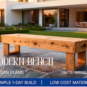 May include: A modern wooden bench with a rectangular design. The bench is made of light brown wood and has a simple, sturdy construction. The image includes the text "MODERN BENCH" and "WOODEN PLANS". The bench is designed for outdoor use.