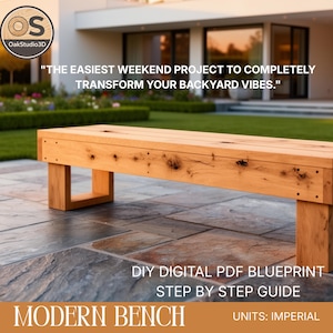 May include: A light-colored wooden bench with visible wood grain and knots, featuring a rectangular seat and block legs. Text on the image reads: THE EASIEST WEEKEND PROJECT TO COMPLETELY TRANSFORM YOUR BACKYARD VIBES. DIY DIGITAL PDF BLUEPRINT STEP BY STEP GUIDE MODERN BENCH UNITS: IMPERIAL.