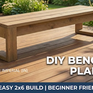 May include: A wooden bench with a rectangular design. The bench is made of light brown wood and has a slatted seat. The text "DIY BENCH PLANS" is visible. The image also includes the text "EASY 2x6 BUILD | BEGINNER FRIENDLY".