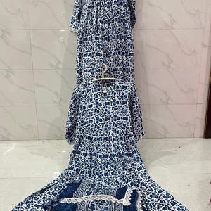 Blue Floral Handblock Cotton Anarkali Suit Set with Dupatta - Ethnic Indian Dress