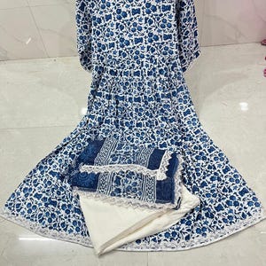 Blue Floral Handblock Cotton Anarkali Suit Set with Dupatta - Ethnic Indian Dress