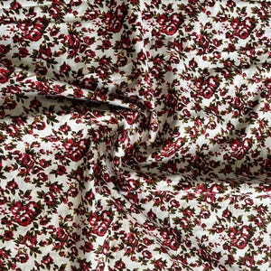 Red Floral Cotton Fabric by the Yard | White Background Flower Print Fabric for Dresses, Quilting & Crafts”