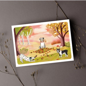 Carte de voeux d'automne pour chien, dalmatien, berger australien et terrier de Boston, scène de parc d'automne, feuilles, amusement, amoureux des chiens, carte illustrée à la main