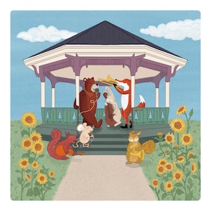 The Sunflower Serenade Art Print • Fox, Bear, Rabbit, Mouse, Chipmunk, Musical Animals Play in their Band, Kid&#39;s Room Wall Art, Artwork Gift