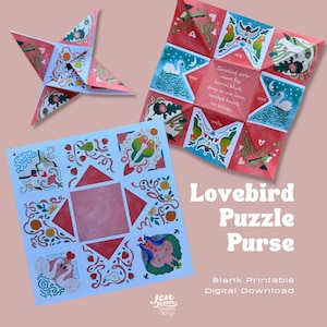 Lovebird Puzzle Purse - Digital Printable Illustrated Gift, Personalized, Valentines, Bridesmaid Proposal, Love Letter, Fun DIY Origami