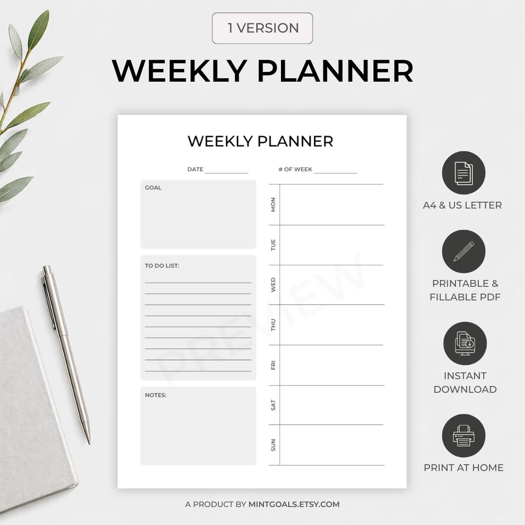 Simple Weekly Planner Printable, Weekly to Do List, Weekly Agenda ...