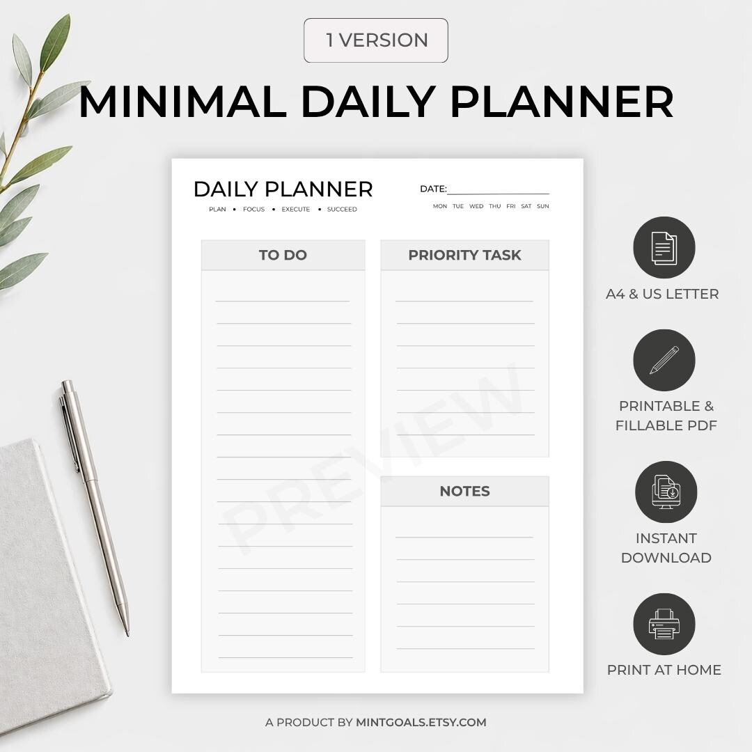 Minimal Daily Planner Printable | Productivity to Do List Schedule (A4 ...