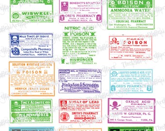 Vintage PoisonLabels Apothecary labels pharmacy collage sheet Digital download Poison Labels1 Multi Color