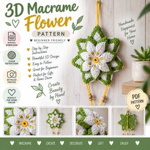 May include: A digital PDF pattern for a 3D macrame flower wall hanging. The design features white and green layered petals with a yellow center, suspended by yellow cords with wooden beads. Text includes 3D Macrame Flower Pattern.