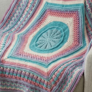 Patrón PDF de manta de crochet con mandala hexagonal, afgano colorido para bebé (descarga digital)