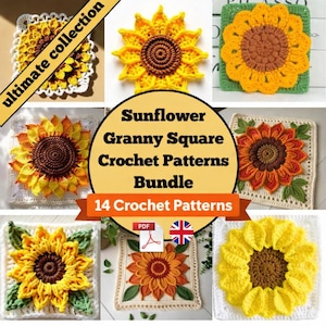 Handmade Sunflower Granny Square Crochet Patterns for Blankets, Pillow Covers, Wall Hangings, DIY Home Decor and Gift Projects