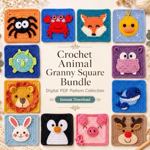 Haakpatronen voor dieren in Grandma Square-stijl – Boerderij, dierentuin, safari (PDF digitale download)