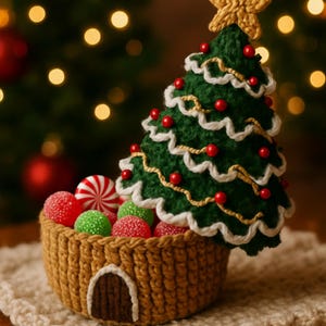 Può includere: Un'esposizione natalizia artigianale con un albero di Natale verde lavorato a maglia con ornamenti di perline rosse e una stella dorata. Un cestino intrecciato contiene caramelle colorate, tra cui caramelle gommose rosse e verdi zuccherate e una spirale di menta piperita.