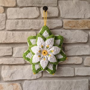 May include: A handmade, crocheted flower wall hanging. The flower features white petals with green and white accents, a yellow center, and yellow trim. It hangs from a yellow cord against a textured stone wall. The decorative piece is a unique home decor item.
