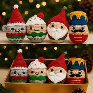 May include: Handmade crochet Christmas ornaments featuring Santa, a gnome, a cupcake, and a nutcracker. The ornaments are in red, white, green, and grey. They are displayed in a gold box. The background has blurred Christmas lights.