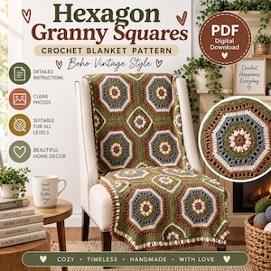 May include: A digital PDF crochet pattern for a blanket featuring hexagon granny squares in shades of olive green, brown, cream, and grey. The text reads Hexagon Granny Squares, Crochet Blanket Pattern, Boho Vintage Style, and Digital Download.