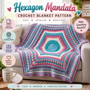 May include: A digital crochet blanket pattern titled Hexagon Mandala. The blanket features a central teal circle surrounded by concentric hexagonal layers in shades of pink, purple, white, and teal with textured stitches and a chevron border.