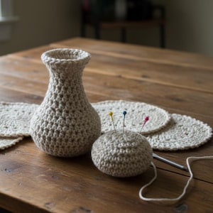 Könnte beinhalten: Eine beige gehäkelte Vase und ein Nadelkissen mit bunten Nadeln stehen auf einem Holztisch. Mehrere passende gehäkelte Untersetzer sind ebenfalls zu sehen. Die handgefertigten Artikel sind mit einem strukturierten Stich gefertigt.