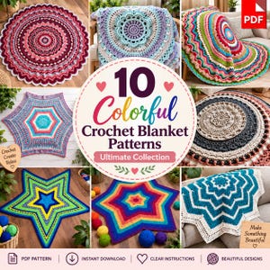 May include: A digital collection of 10 colorful crochet blanket patterns featuring various circular, hexagonal, and star-shaped designs in vibrant yarn colors. The image displays multiple finished blankets with intricate textures and geometric motifs.