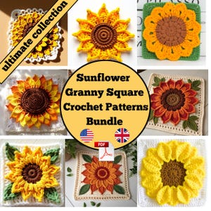 Handmade Sunflower Granny Square Crochet Patterns for Blankets, Pillow Covers, Wall Hangings, DIY Home Decor and Gift Projects