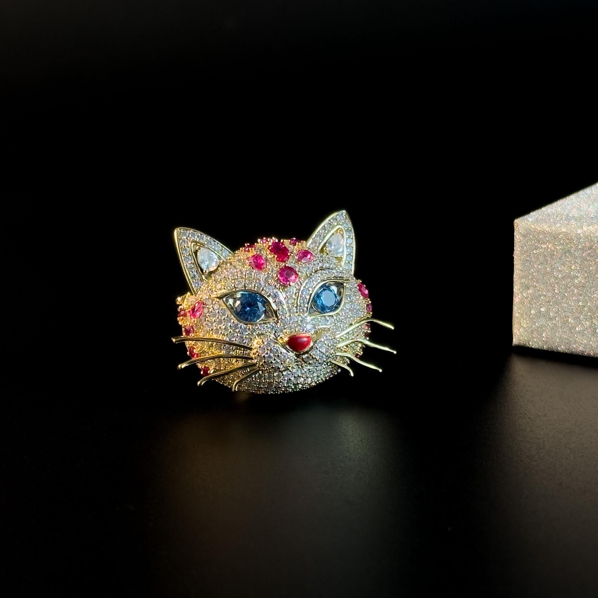 Spilla Da Donna A Forma Di Gatto Con Cristalli - Vintage Per