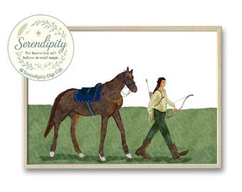 Stampa artistica di un cavallo disegnato a mano nella campagna inglese, decorazione murale equestre vintage, opera d'arte rustica per la casa, stile maniero inglese, stampabile