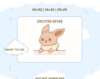 Puede incluir: Gráfico digital de un personaje Eevee animado con el texto "EXCITED EEVEE". La imagen está diseñada para su uso como emote animado, con especificaciones de tamaño de 112x112, 56x56 y 28x28 píxeles. Incluye el texto "READY TO USE" e "INSTANT DOWNLOAD".
