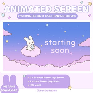 Puede incluir: Diseño de pantalla animada con un conejito en una nube, sobre un cielo púrpura y azul estrellado. El texto incluye "ANIMATED SCREEN" y "starting soon". El producto incluye pantallas animadas y estáticas.