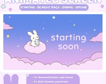 Écrans de streaming animés Lapin mignon | Nuages et étoiles pastel | Graphiques kawaii | Twitch | Youtube | Bientôt disponible, BRB, se terminant bientôt