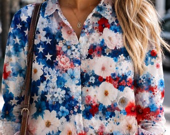 Amerika 250 Jahre Blumenbluse, amerikanische Flagge Frauen Top Shirt, USA 250