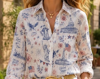 250 Jahre Leinen-Look Bluse - Vintage Americana Vaterländisches Hemd mit Blumenmuster zum 4