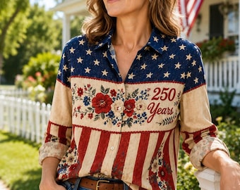 Retro America 250 Years Shirt, Patriotic Floral Women Shirt, USA 1776-2026 Anniversary Blouse, American Flag Button Up Top