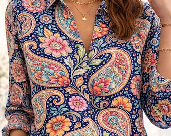 Floral Paisley Print Long Sleeve Shirt - Lightweight Summer Casual Round Neck Linen Button-Down Blouse, Botanical Floral Summer Shirt