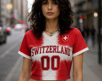 Custom Switzerland Soccer Crop Top Jersey, Personalized Switzerland Soccer Jersey Crop Tee, Custom Name Football Fan Tee