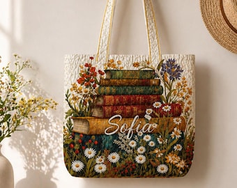 Draagtas gepersonaliseerde boekenliefhebber, draagtas bloemenboek met aangepaste naam, bibliothecariscadeau, vintage boeken en bloemen, leesgrage tas