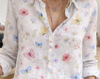 Blumen Schmetterling Bluse für Frauen, Floral Button Down Shirt, Langarm Leinen Look Top, Frühling Sommer lässige V Ausschnitt Bluse, Geschenk für Sie