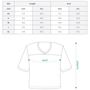 May include: An all-over print crop top football jersey with a V-neck design. The image includes a size chart with measurements in inches and centimeters for length and bust, ranging from XS to XL. The text at the top says "ALL-OVER PRINT CROP TOP FOOTBALL JERSEY".